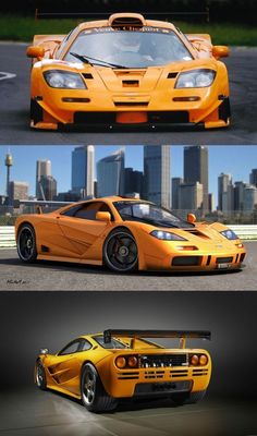 an orange sports car is shown in three different views, with the front and back sides showing