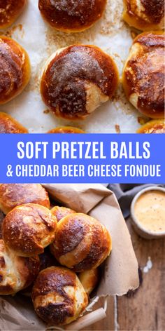 soft pretzel balls and cheddar beer cheese fondue on a baking sheet