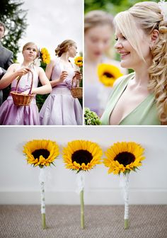 the bride and her flower girls are getting ready to walk down the aisle with sunflowers in their hair