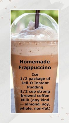 a drink with information about it on the front and back side, including instructions for how to make frappuccino