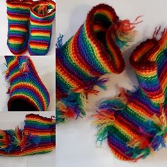 there are several different pictures of colorful knitted shoes and socks with fringes on them