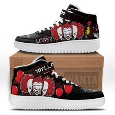 Pennywise IT Face Shoes Custom Air Mid Sneakers Horror Fans-Gear Wanta High Top Air Force, Mid Shoes, Air Force Shoes, Mid Sneakers, Nike Tennis Shoes, Shoes Custom, Jason Voorhees, Hot Nails, Custom Sneakers