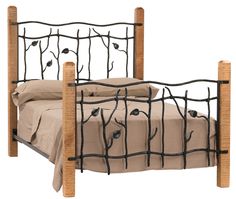 a metal bed frame with wood posts and branches on the headboard is shown in front of a white background