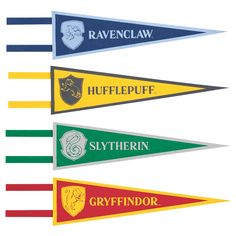 four different colored pennants with names on them