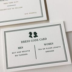 two white business cards with black ink on them, one for dress code card and the other for men