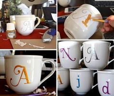 coffee mugs with letters painted on them