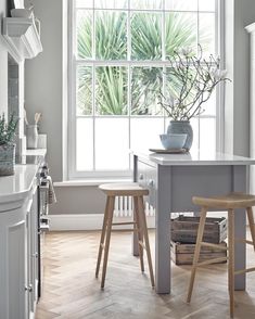 a kitchen with two stools next to a counter and a potted plant on the window sill