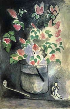 a painting of flowers in a bucket with a small figure next to it