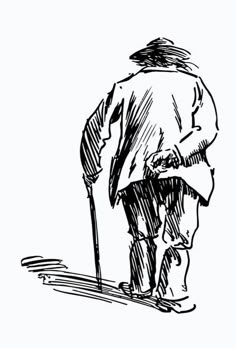 an ink drawing of a man walking with a cane in his hand and wearing a hat