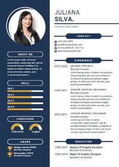 a professional resume template with blue and yellow accents on the front, black and white background