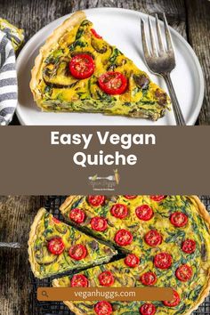 an easy vegan quiche on a plate with a fork and knife next to it