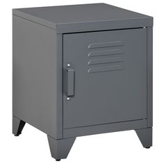 a gray metal cabinet with the door open