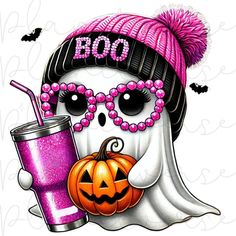 a skull wearing sunglasses and holding a drink in front of a white background with the words boo on it