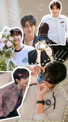 the collage shows many different people with flowers in their hair and one person holding a camera