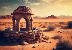 an old well in the desert with mountains in the background