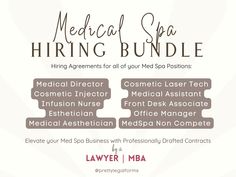 Medical Spa Contracts, Med Spa Employee Contract, Independent Contractor Agreement Medspa Hiring Forms, Spa Room Rental, Med Spa Employee Non Compete 1099 IC  If you own or run a medical spa, it is SO IMPORTANT to have written contract templates with every one you hire.  Whether you are hiring med spa employees, independent contractors, or spa room renters, you should have a professionally drafted med spa contract.  This Med Spa Legal Hiring Bundle comes with all of the forms you could ever need to meet your medical spa hiring needs.   This med spa bundle has templates for all of the following positions: - Medical Director - Cosmetic Injector (also known as Nurse Injector or Aesthetic Nurse) - Infusion Nurse (also known as IV Therapy Nurse) - Esthetician - Medical Aesthetician - Cosmetic L Nurse Esthetician, Esthetician Office, Infusion Nurse, Medical Aesthetician, Hiring Employees, Nurse Injector, Employee Handbook, Spa Business, Iv Therapy