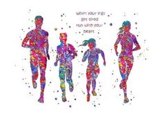 the silhouettes of three people running in different colors and sizes, with words above them