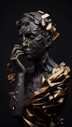 an artistic sculpture made out of gold and black paper, with the image of a woman's face partially obscured by her hands