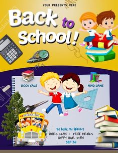 the back to school flyer is shown with two children and books on top of it