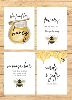 four cards with the words honey and two bees on them, one has a jar of honey