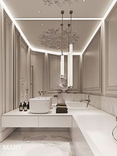 a large bathroom with two sinks and a chandelier in the middle of it