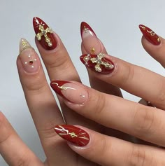 Gold Charm Nails, Charm Nails, Hand Painted Nails, Red And Gold Nails, Dark Red Nails, Custom Press On Nails, Red French, Grunge Nails, Nails Gel Nails