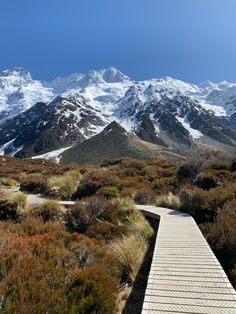 a wooden walkway leading to the top of a snowy mountain