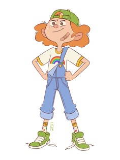 a cartoon girl with red hair wearing overalls and a baseball cap is posing for the camera