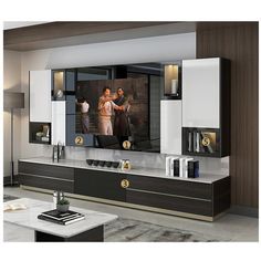 an entertainment center in a living room with two people on the television screen and bookshelves