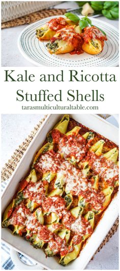 Kale and Ricotta Stuffed Shells on a plate and in a baking dish. Ricotta Stuffed Shells, Cold Pasta Dishes, Shell Pasta Recipes, Stuffed Shells Ricotta, Jumbo Pasta Shells, Stuffed Pasta, Shells Recipe, Cheese Stuffed Shells, Easy Pasta Dinner