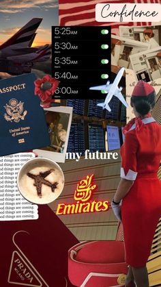 a collage of photos with an airplane, passport, and other things on it