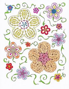 a drawing of flowers and swirls on white paper