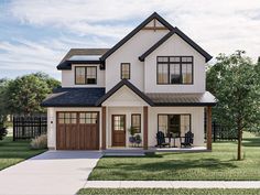 a two story house with an attached porch and covered front door is shown in this rendering