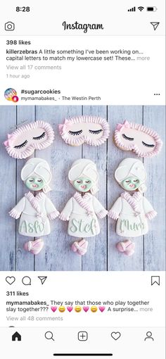 the instagram page for instagram is shown with three small dolls in pink and white