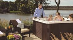 a group of people sitting around a hot tub