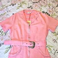 Brand New, Never Been Worn,Pink Denim Rodeo Dress From Boot Country, Size M Pink Fitted Dress With Pockets, Pink Fitted Dresses With Pockets, Fitted Pink Dresses With Pockets, Pink Denim Dress, Pink Denium Dress, Pink Button-up Mini Dress For Spring, Retro Pink Dress With Button Closure, Rodeo Dress, Vintage Pink Dress With Button Closure