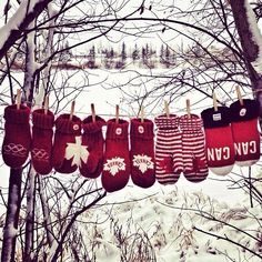 several knitted mittens hanging from a line in the snow