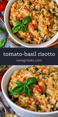 tomato basil risotto in two white bowls with fresh basil leaves on top and the other side