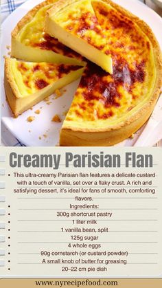 This ultra-creamy Parisian flan features a delicate custard with a touch of vanilla, set over a flaky crust. A rich and satisfying dessert, it’s ideal for fans of smooth, comforting flavors.  Roll out the shortcrust pastry and place it into the greased pie dish, pressing gently to fit.  In a saucepan, heat the milk with the split vanilla bean until warm, then remove from heat and let it infuse.  In a bowl, whisk together the sugar, eggs, and cornstarch until smooth. Gradually pour in the warm milk, mixing thoroughly.  Pour the custard mixture into the pastry-lined dish and bake at 180°C (350°F) for 40–50 minutes, until the top is lightly browned and set. Parisian Flan, Whole Foods Cake, Moist Pound Cake, Custard Powder, Sugar Eggs, Shortcrust Pastry, Flaky Crust, Sweet Pastries, Just Cakes