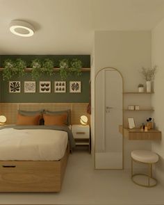 a bedroom with a bed, desk and shelves on either side of the bed are plants