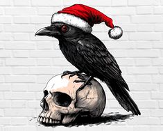 a black bird sitting on top of a skull wearing a santa hat