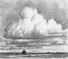 a black and white drawing of clouds over the ocean