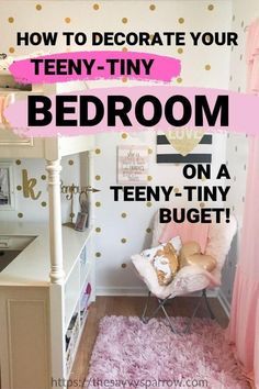 a bedroom with pink and gold polka dot walls