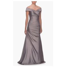 #ad Top Rated La Femme Womens Off the Shoulder Ruched Satin Trumpet Gown Platinum Size 12 $495, Fashion Dresses Champagne Gold Dress, Satin Evening Gown, Dress With Pleats, Satin Evening Dresses, Trumpet Gown, Column Gown, Satin Gown, Mermaid Gown, A Line Gown