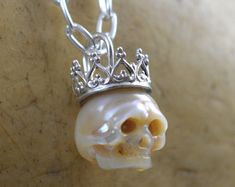 Pink Pearl Necklace, Crown Necklace, Christmas Necklace, Skull Carving, Skull Jewelry