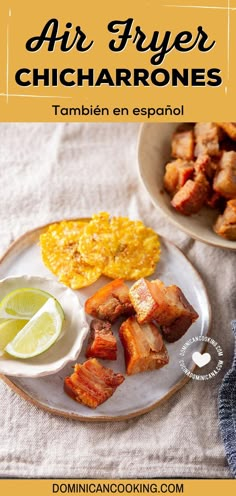 the cover of air fryer chicharros is shown on a plate with bacon and eggs