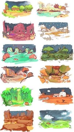 some watercolors that have different colors and shapes on them, with trees in the background