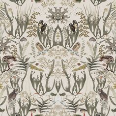 an artistic wallpaper with birds and flowers on the side, in shades of green