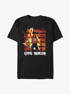 Eddie Munson Vest Pins, Stranger Things T Shirts, Stranger Things Eddie Munson, Stranger Things Eddie, Holding A Guitar, Pop Culture Fashion, Black Graphic Tee, Stranger Things 4, Eddie Munson