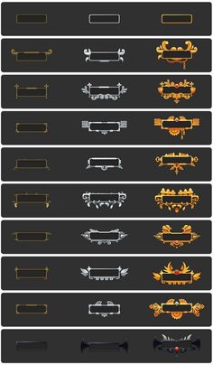 a set of different types of metal and glass frames with gold trimmings on them